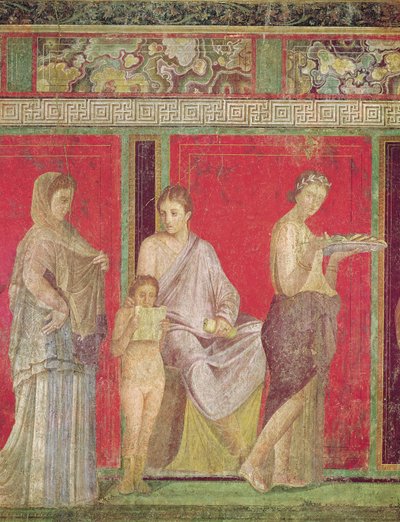 El catecismo con una niña leyendo y el iniciado haciendo una ofrenda, pared norte, Oecus 5, c.60-50 a.C. de Roman